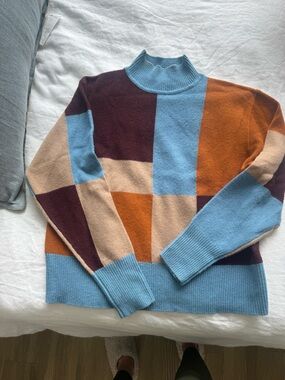 Equipment Colorblock Crewneck Sweater in Sky Blue, Rust, Burgundy & Beige